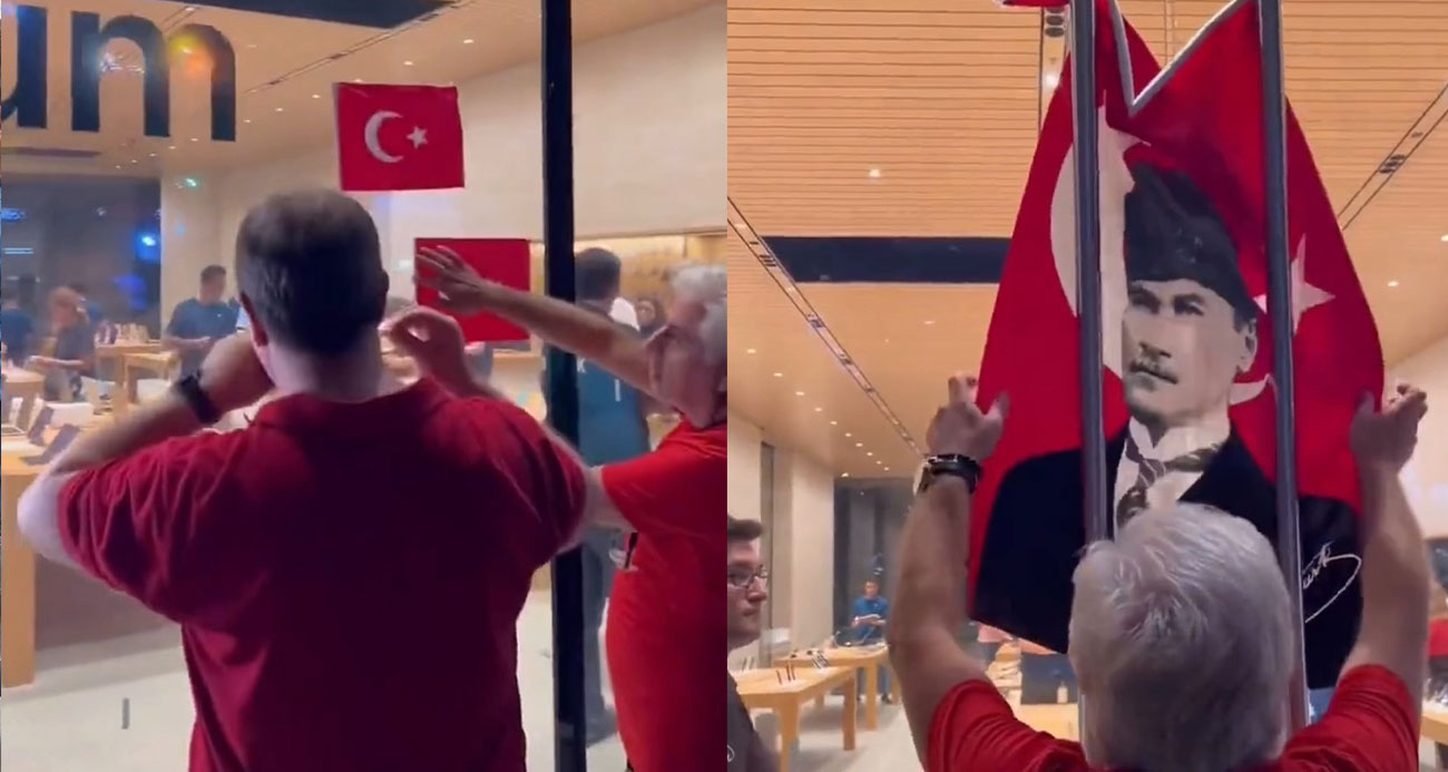 Kadıköyde Apple mağazası Türk bayrağı asmayınca vatandaşlar astı